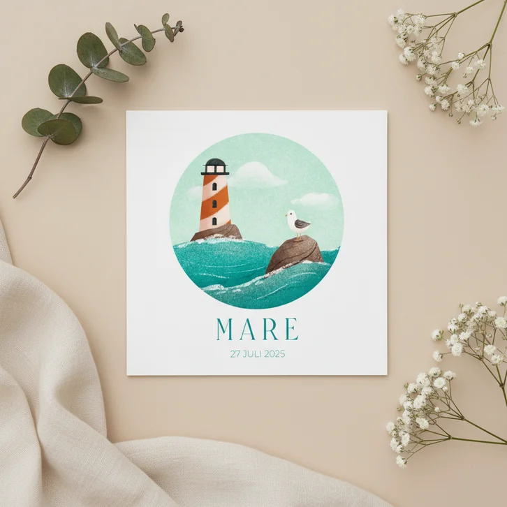 Zomers geboortekaartje met zeemeeuw en vuurtoren