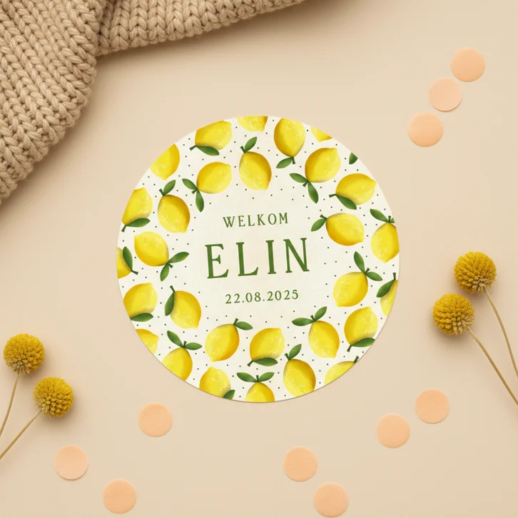Zomers rond geboortekaartje met citroenen - meisje