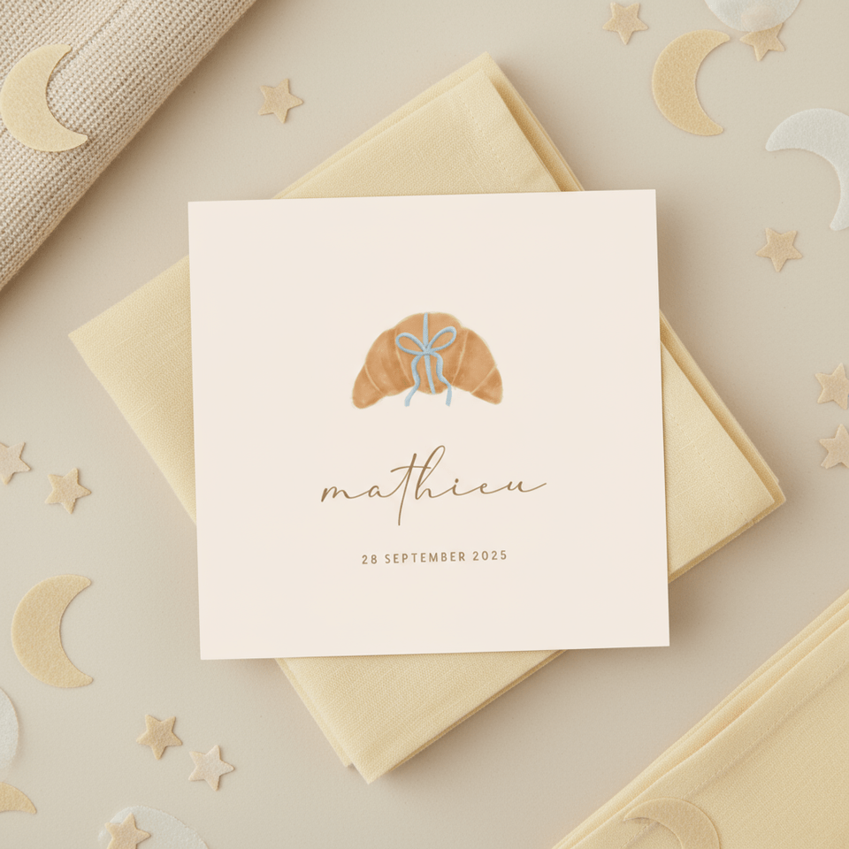 Bijzonder geboortekaartje croissantje met blauw strikje 