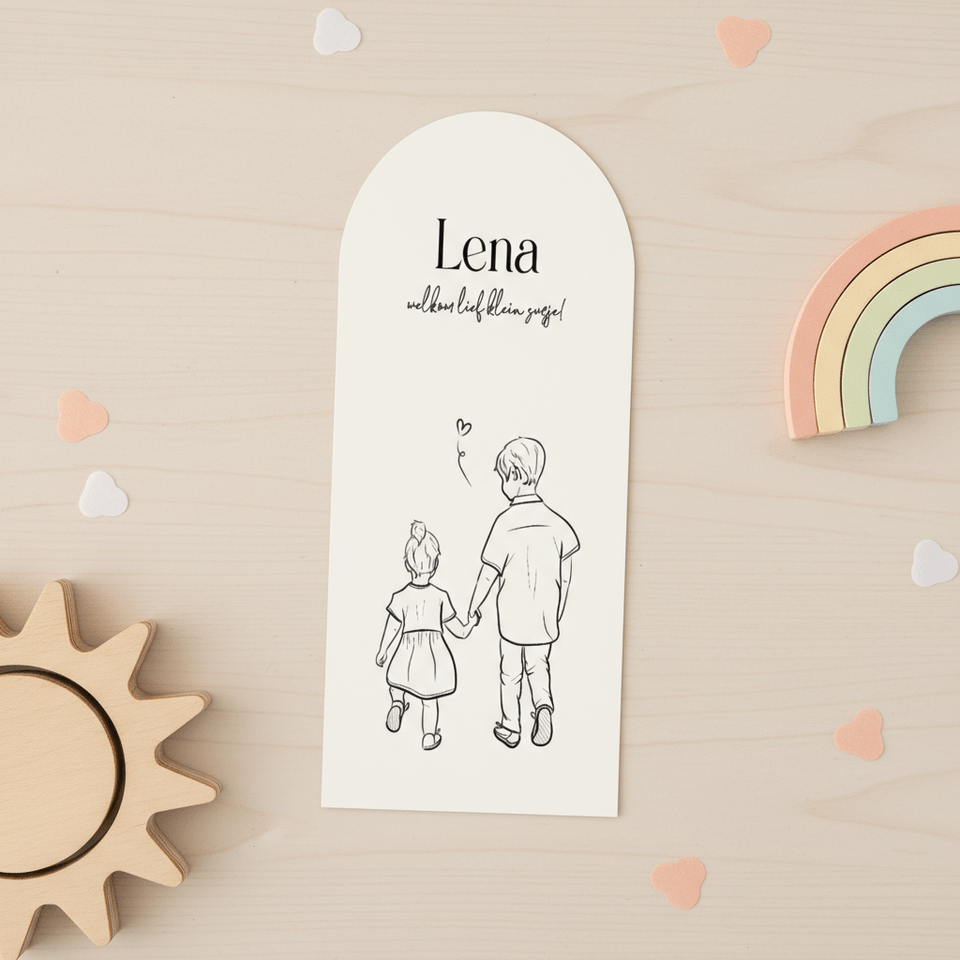 Boog geboortekaartje zusje met lijn illustratie zwart wit