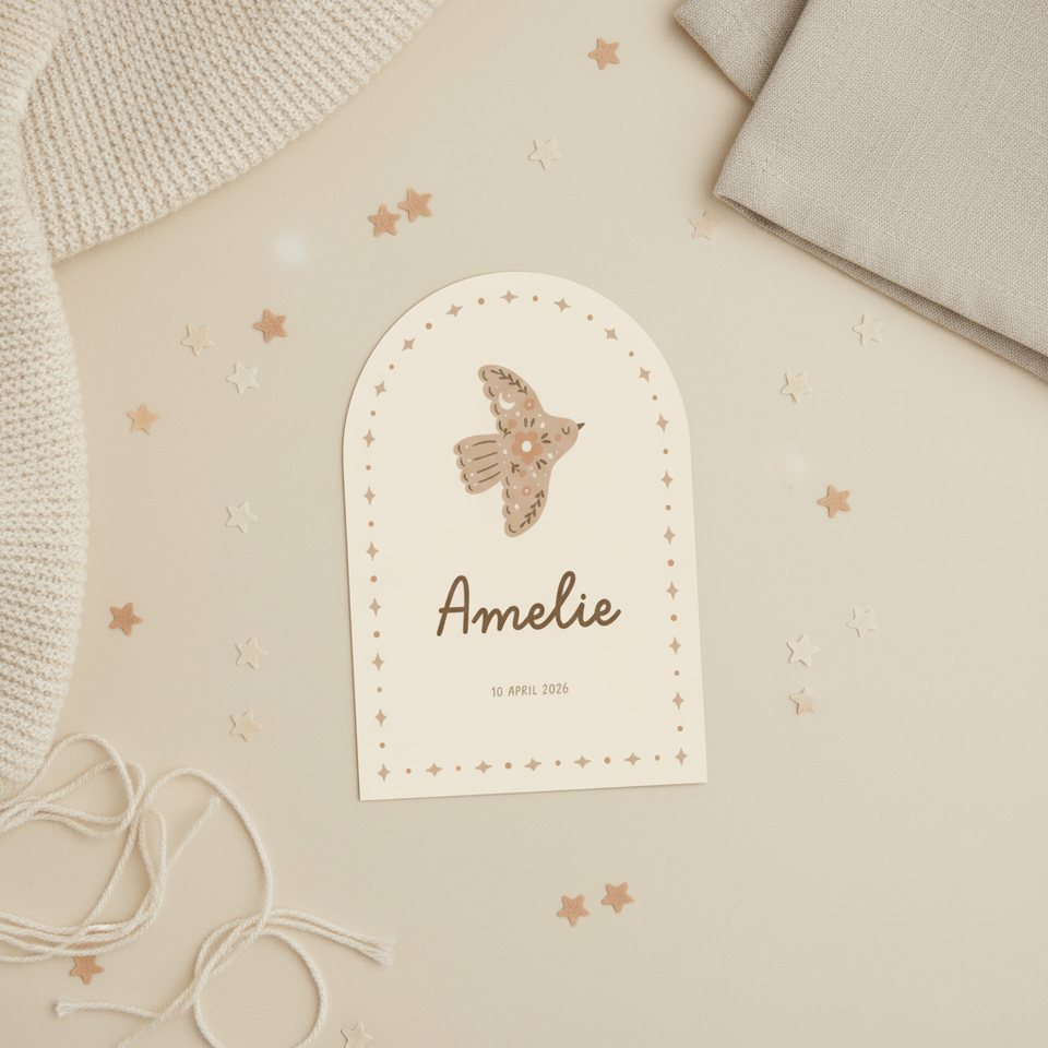 Boogvormig geboortekaartje duifje met geïllustreerde details