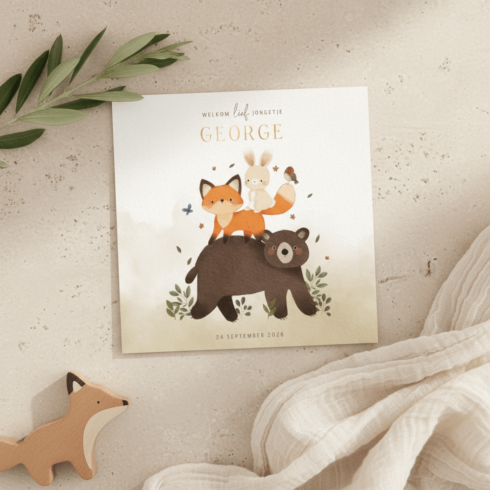 Bos geboortekaartje beer vos konijn vogel en waterverf