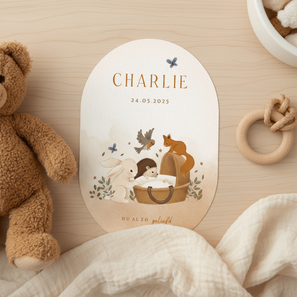 Bosdieren geboortekaartje konijn egel eekhoorn vogel wiegje 