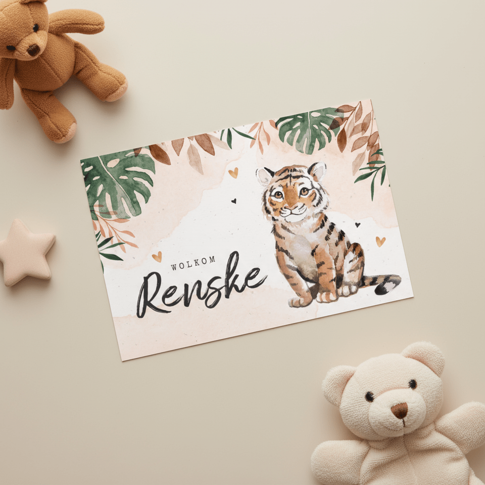 Fries geboortekaartje tijger jungle waterverf meisje
