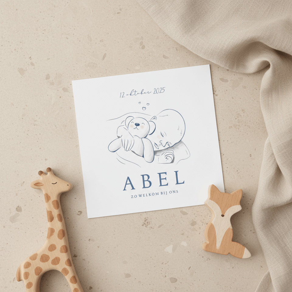 Geboorte jongetje realistische illustratie baby met beertje