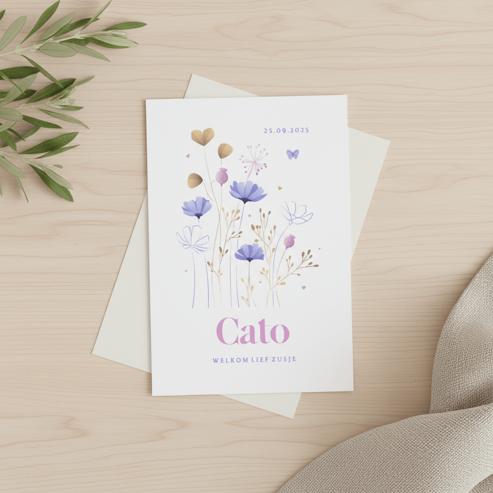 Geboorte meisje illustratie wilde heidebloemen met vlinder