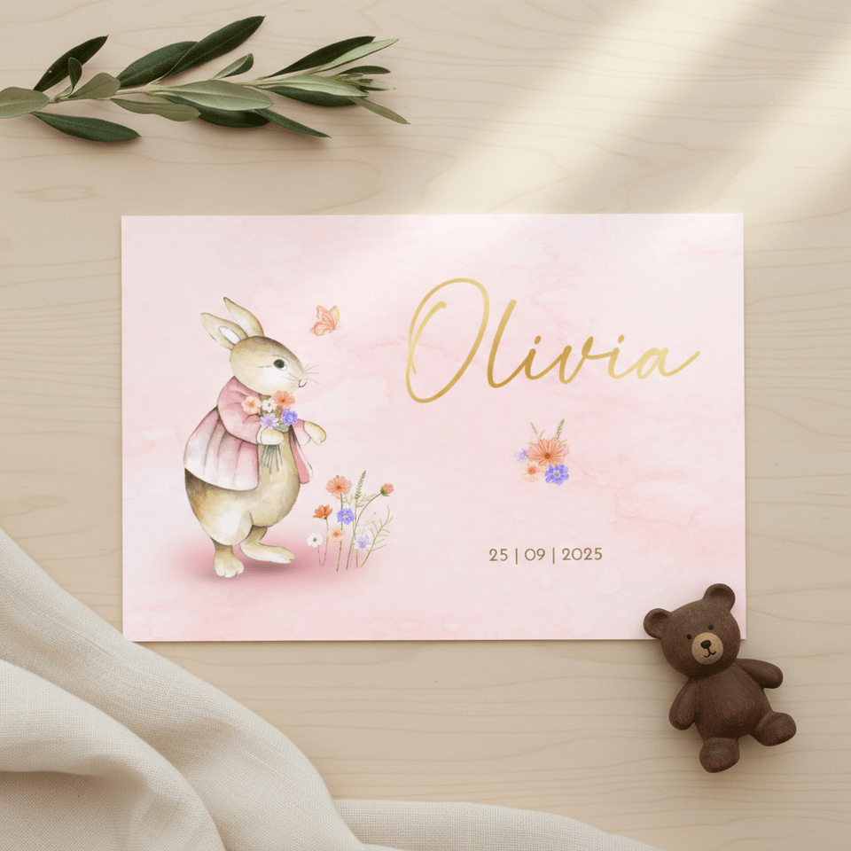 Geboorte meisje vintage konijntje met bloemen