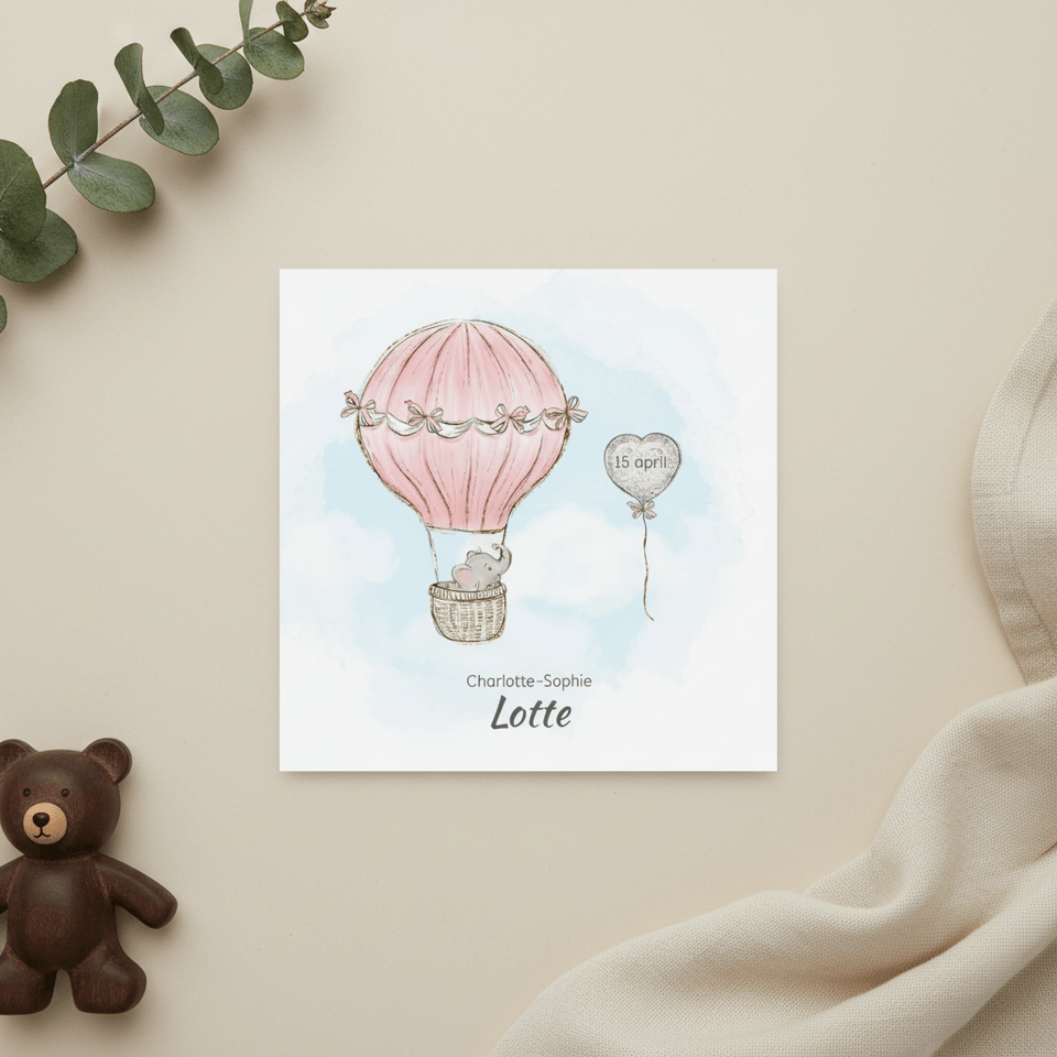 Geboortekaart adoptie meisje - luchtballon