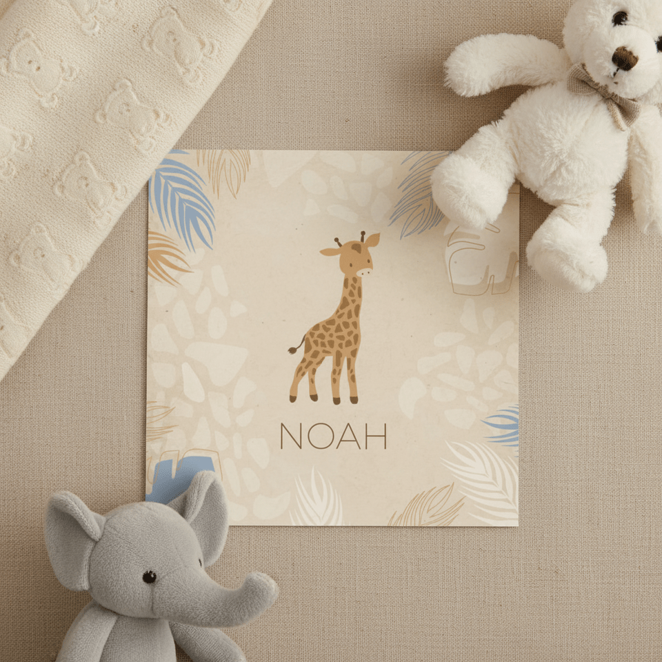Geboortekaart blauw met girafje 