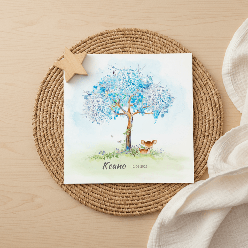 Geboortekaart hertje met boom-jongen