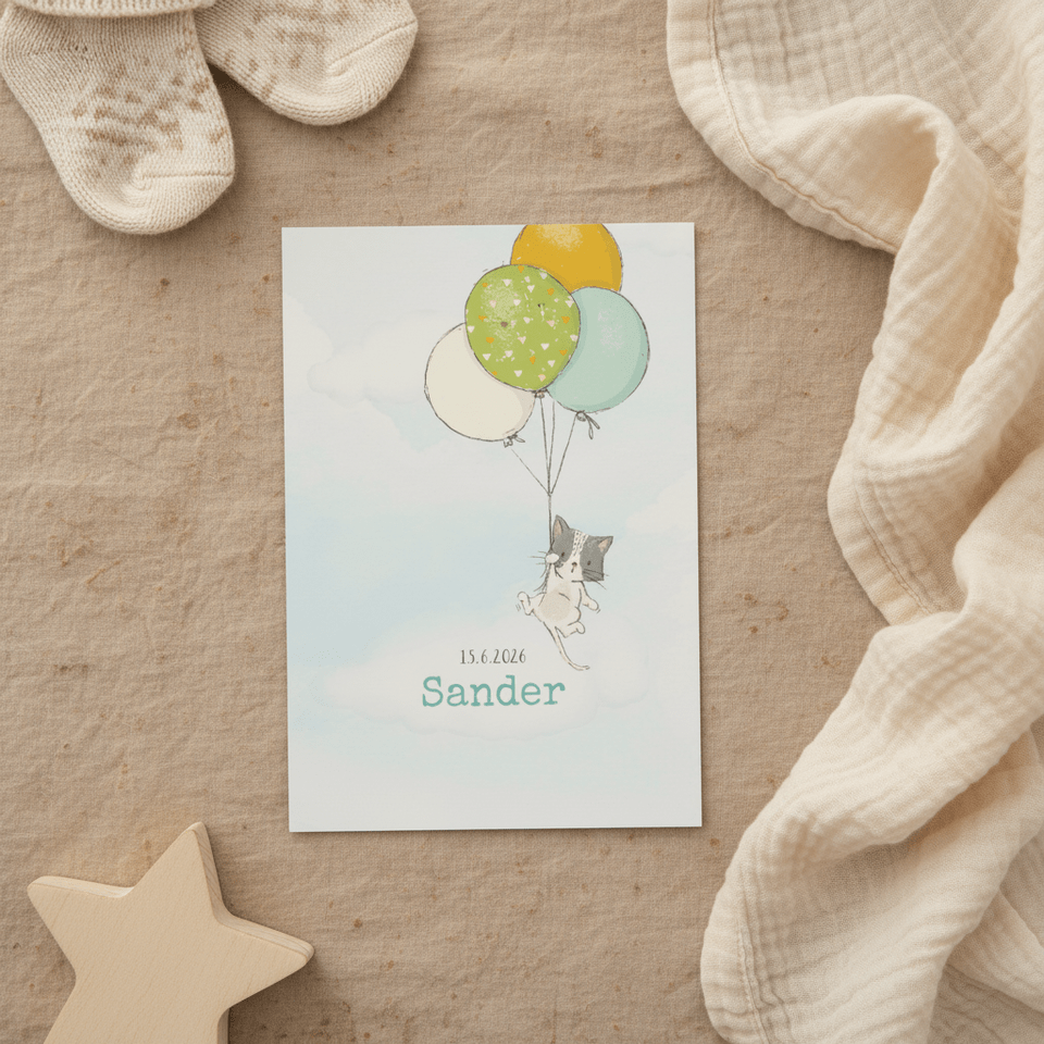 Geboortekaart jongen, kitten en ballonnen