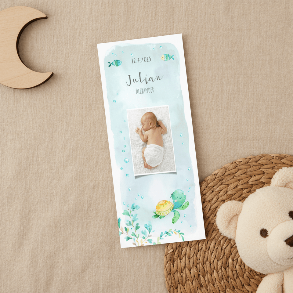Geboortekaart jongen met schildpad en vissen