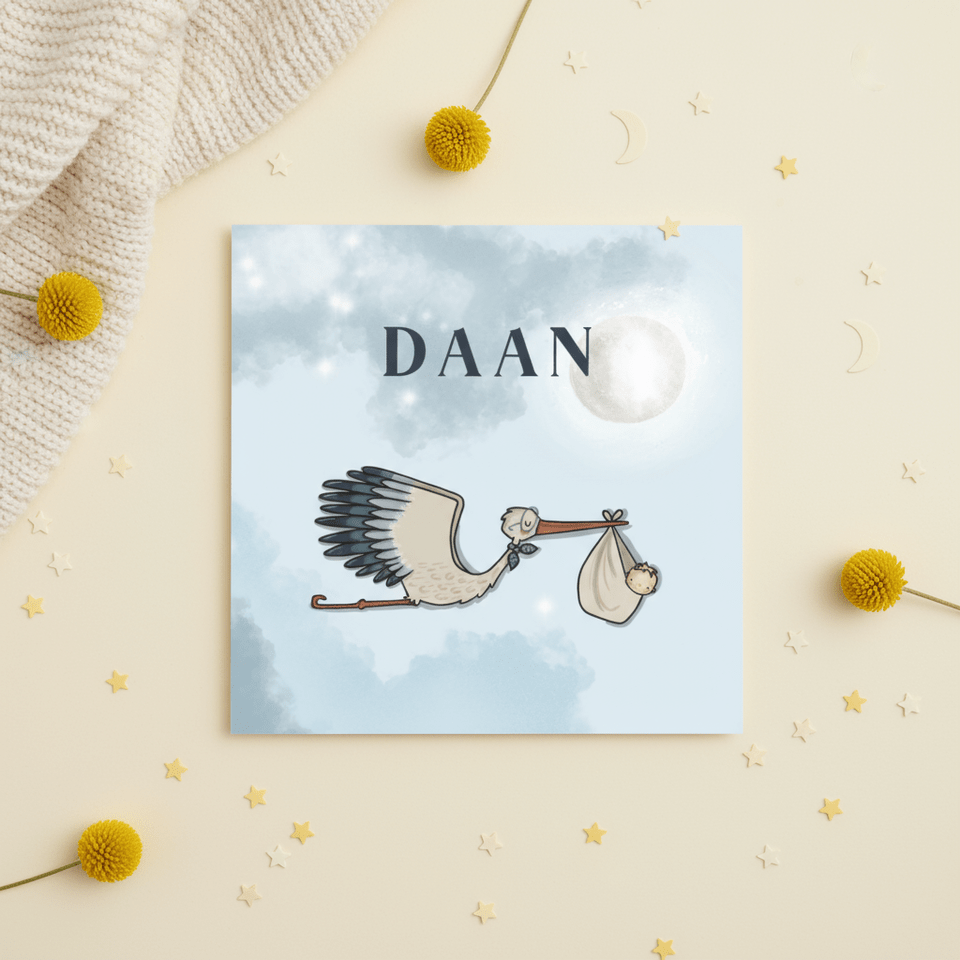 Geboortekaart jongen ooievaar bij maan