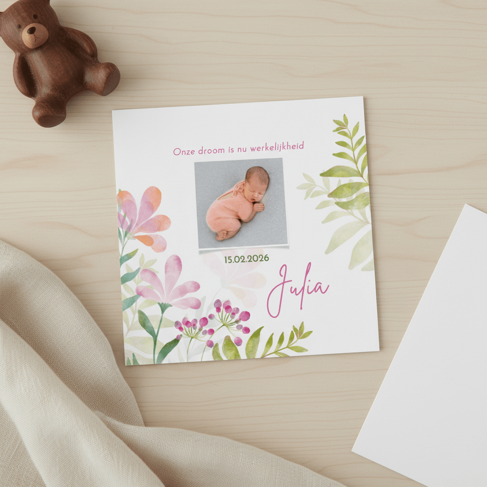 Geboortekaart meisje aquarel bloemen en foto