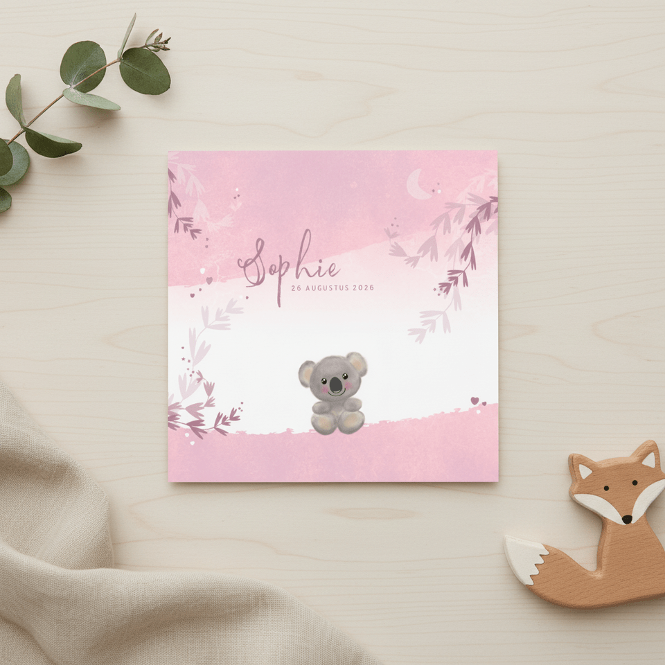 Geboortekaart meisje lief koalabeertje hartjes sterren maan