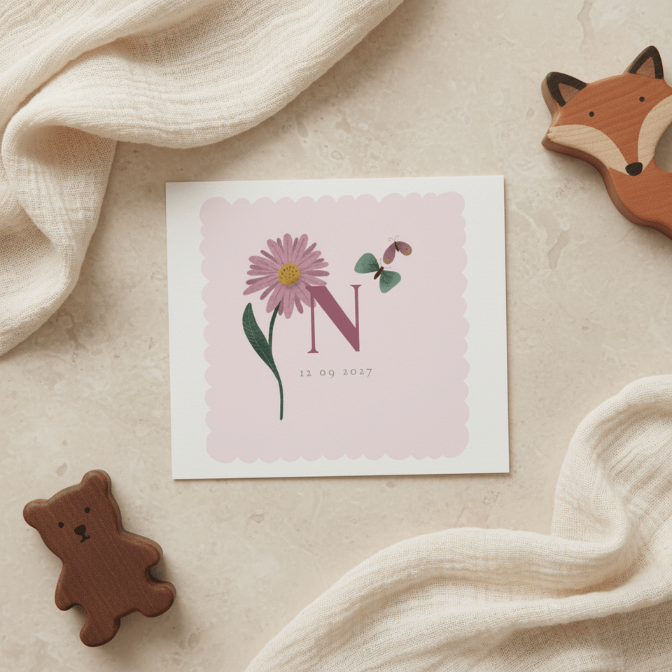 Geboortekaart met geboortebloem september: Aster