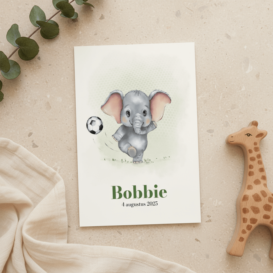Geboortekaart olifantje met voetbal+