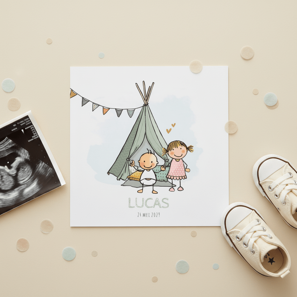 Geboortekaart zus baby tipi av