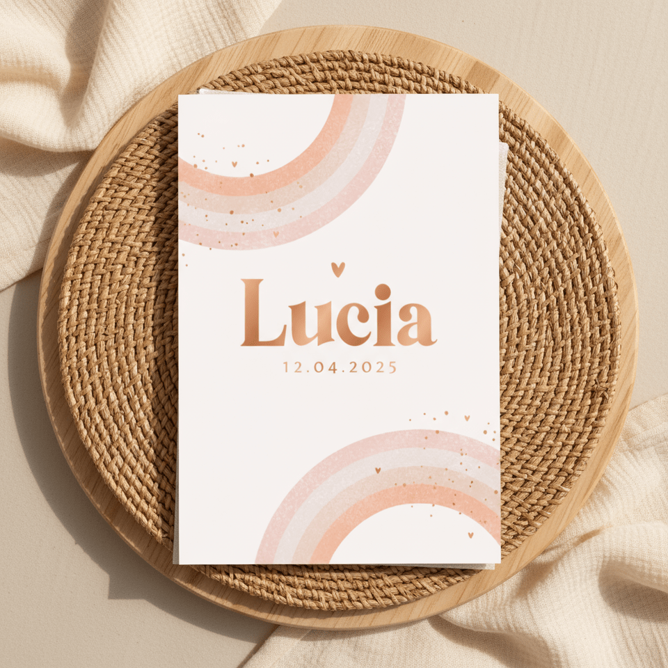 Geboortekaartje abstract regenboog pastel hartjes koper