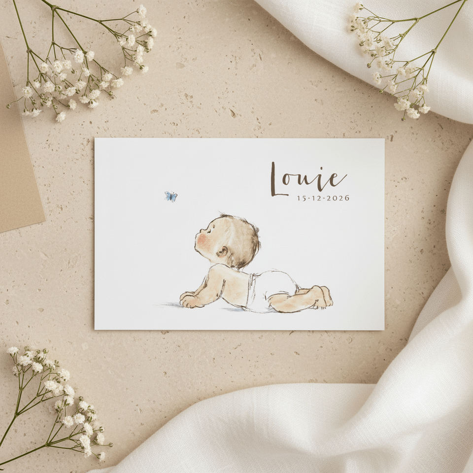 Geboortekaartje baby kijkend naar een blauwe vlinder