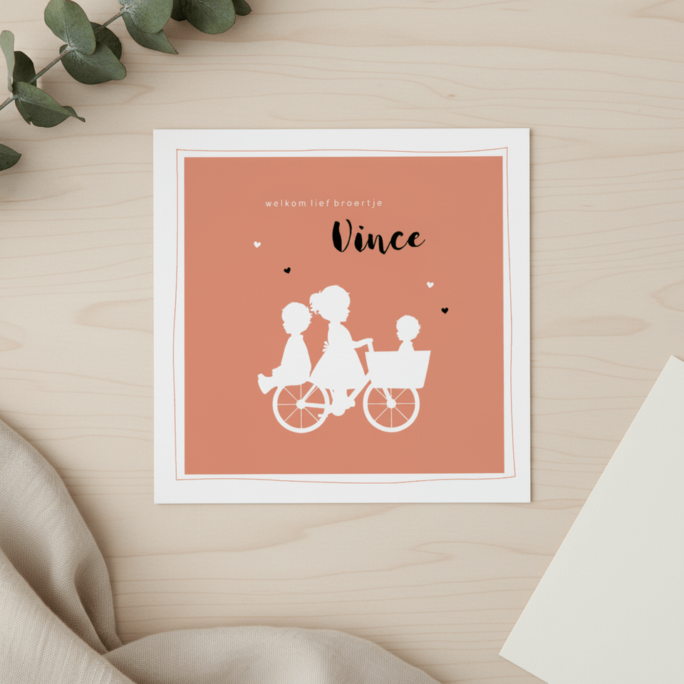 Geboortekaartje bakfiets zus met broertjes silhouet
