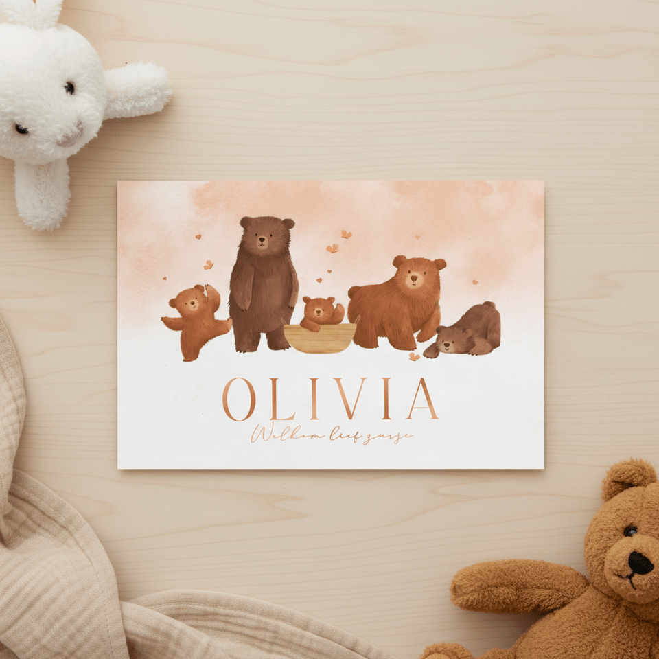 Geboortekaartje beren familie waterverf roze hartjes koper
