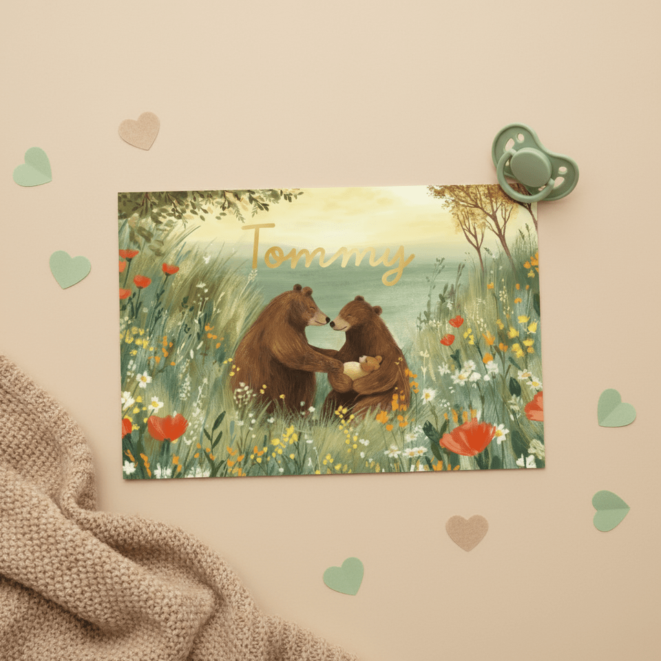 Geboortekaartje beren in een bloemenveld