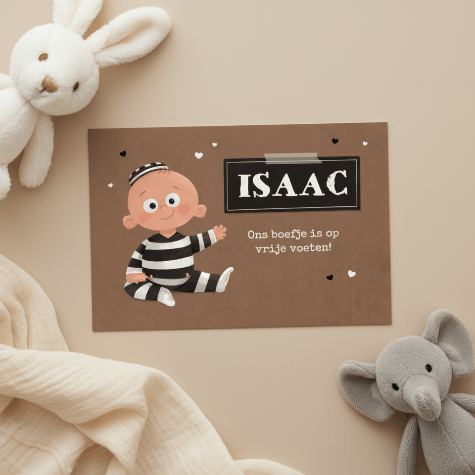 Geboortekaartje boef baby zwart wit kraft hartjes bruin