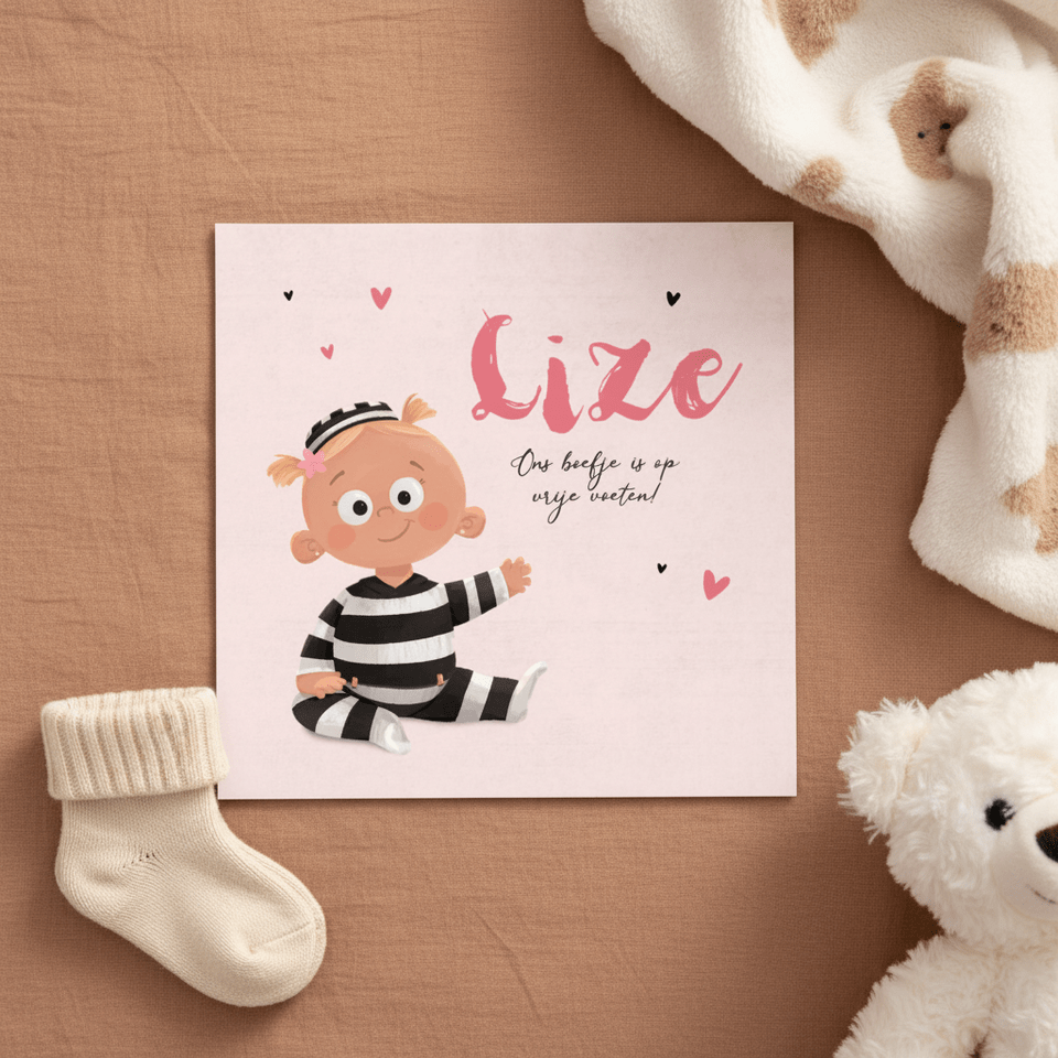 Geboortekaartje boefje meisje baby roze kraft hartjes