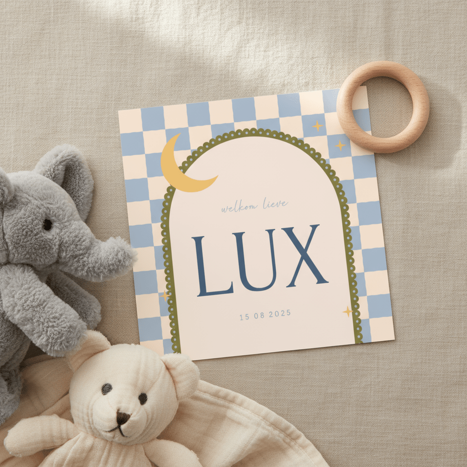 Geboortekaartje boog blauw groen ruitjes met maan modern