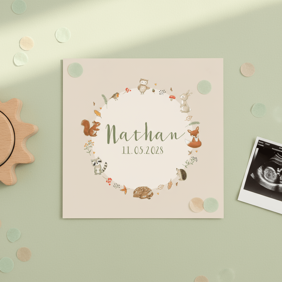 Geboortekaartje - bosdieren in cirkel jongen