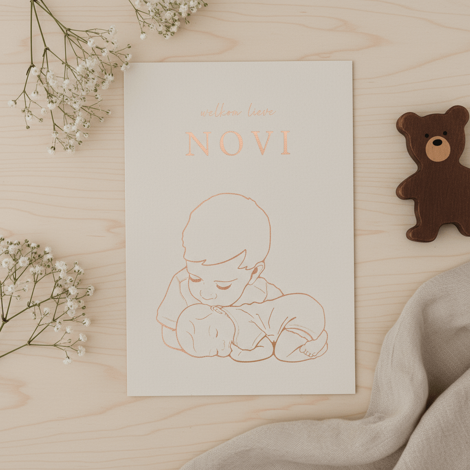 Geboortekaartje broer kust liggend baby’tje – koperfolie
