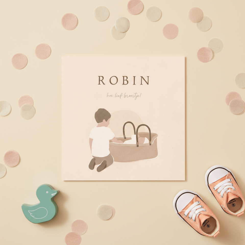 Geboortekaartje broer met illustratie baby in mandje