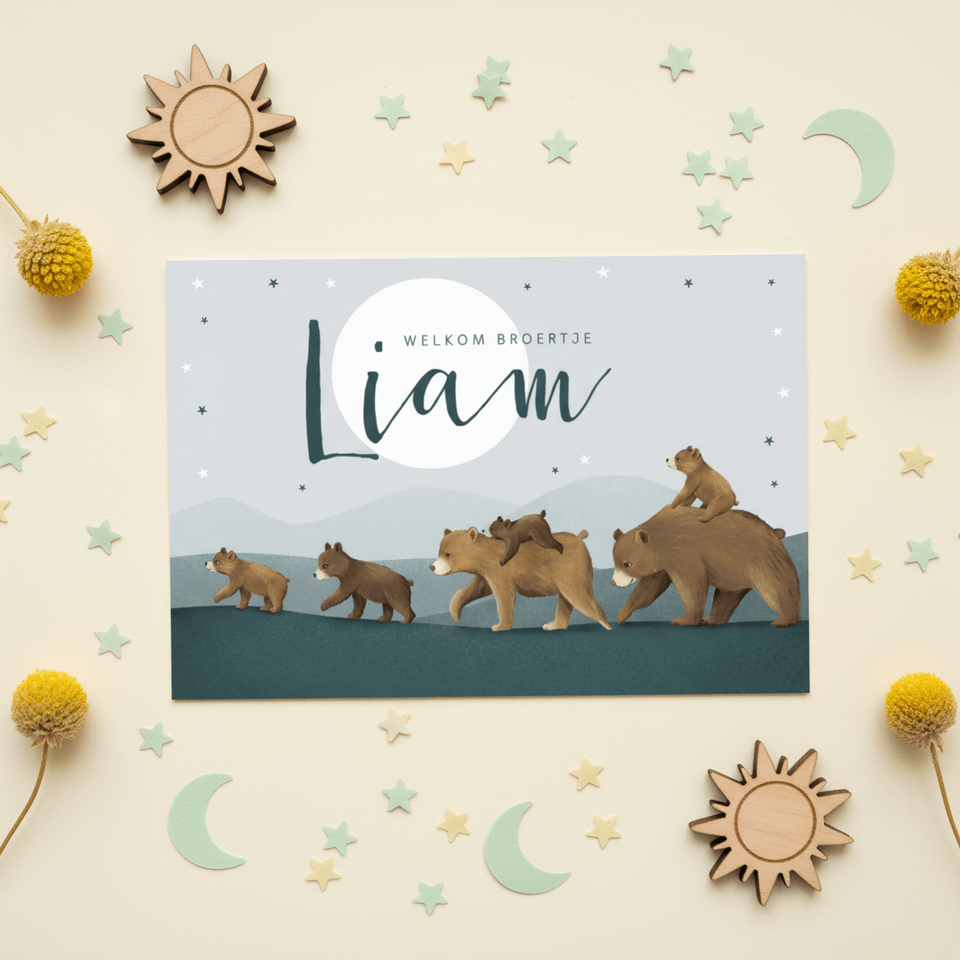 Geboortekaartje broertje dieren beren familie sterren maan