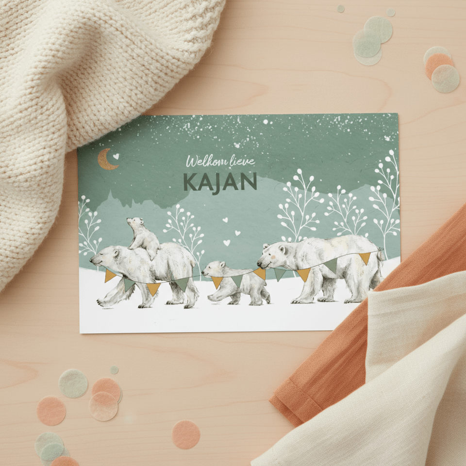 Geboortekaartje broertje of zusje met ijsberen familie