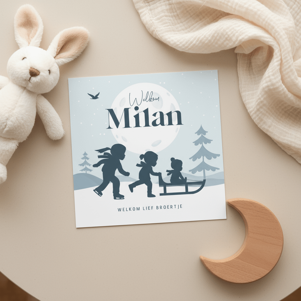 Geboortekaartje broertje zussen winter slee sneeuw silhouet