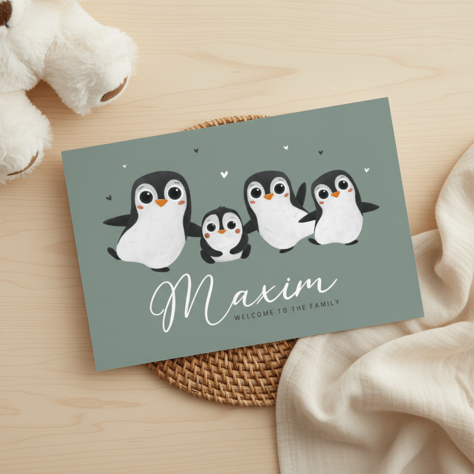 Geboortekaartje dieren groot gezin pinguïns winter hartjes