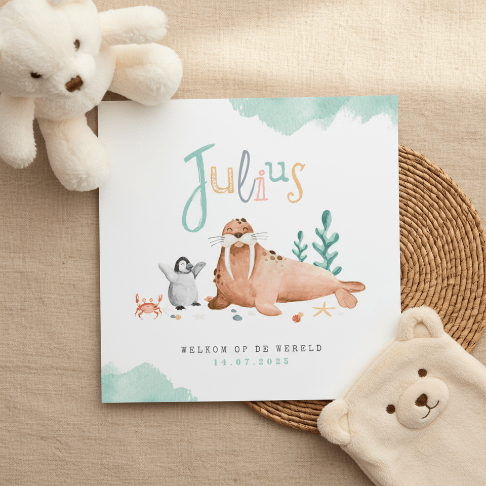 Geboortekaartje dieren walrus pinguïn krab schelp waterverf