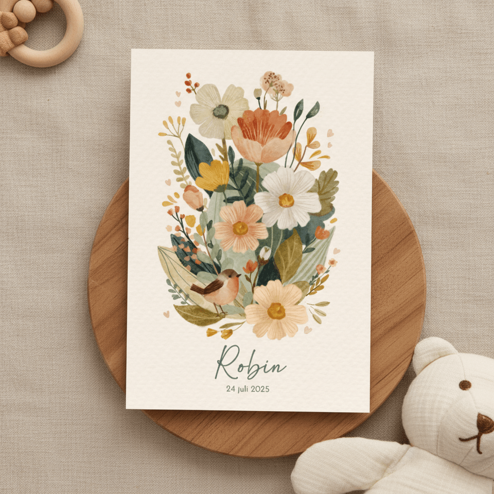Geboortekaartje dochter met stijlvolle bloemen en vogeltje