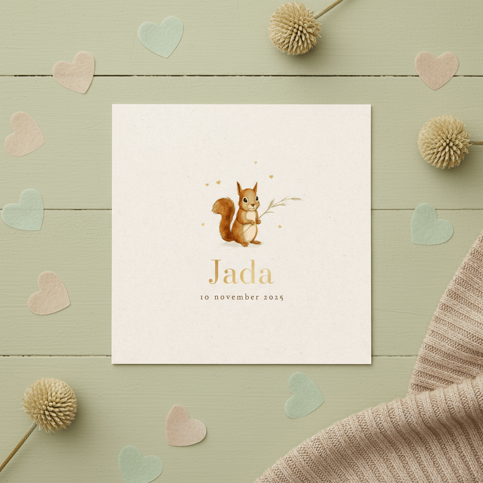 Geboortekaartje eekhoorn herfst unisex hartjes goud lief