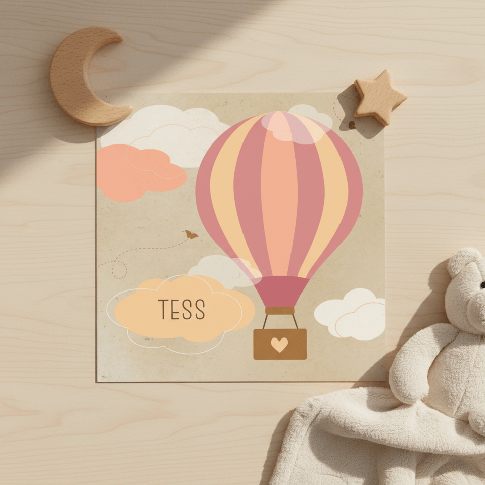 Geboortekaartje een roze luchtballon 