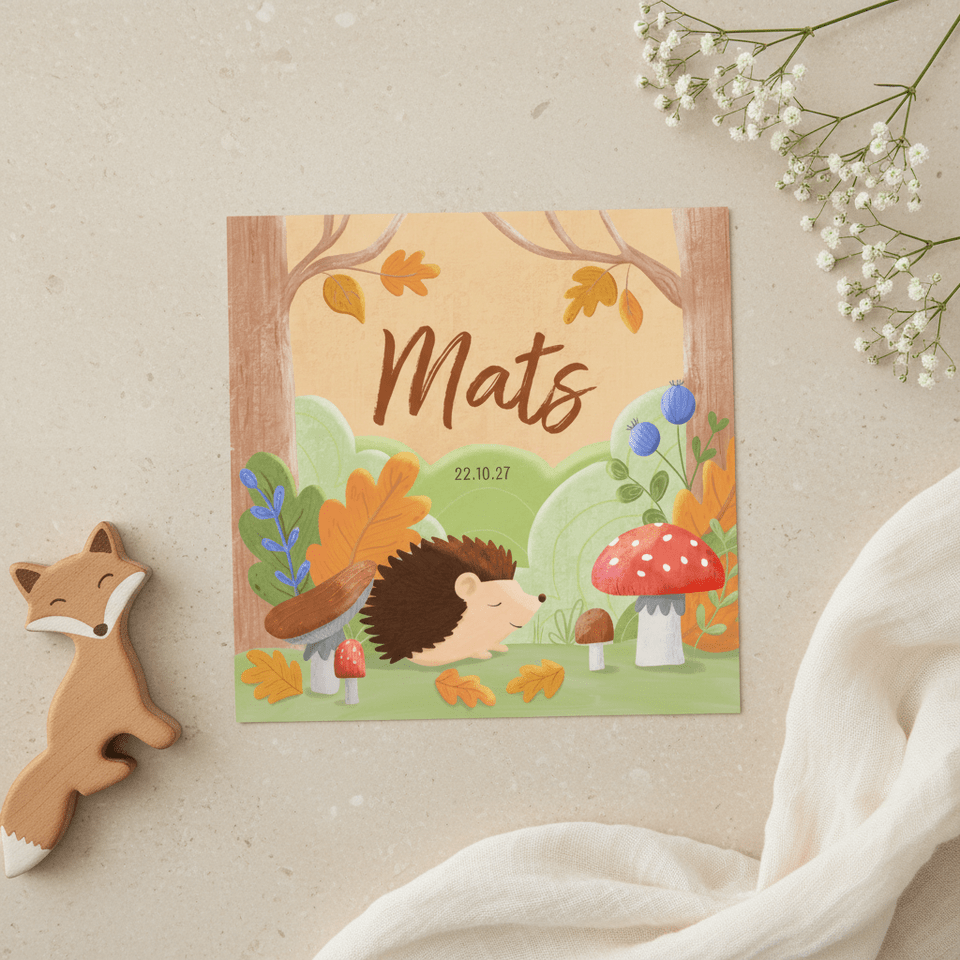 Geboortekaartje egel paddenstoelen en bladeren in het bos