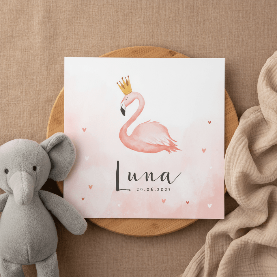 Geboortekaartje flamingo hartjes meisje verf kroontje