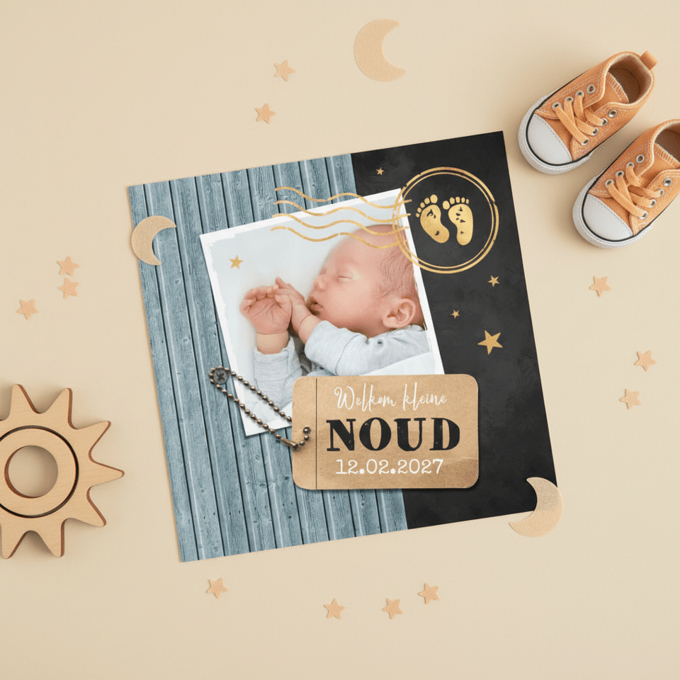 Geboortekaartje foto label houtlook stempel goud 