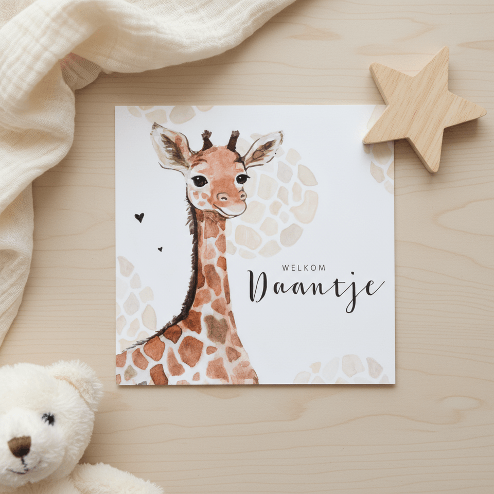 Geboortekaartje giraf patroon lief jongen  meisje hartjes