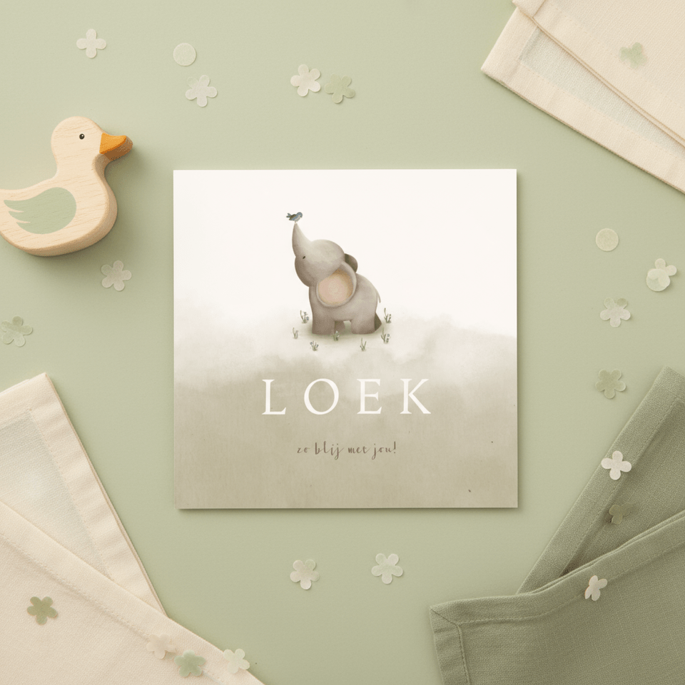 Geboortekaartje groene waterverf lief olifantje