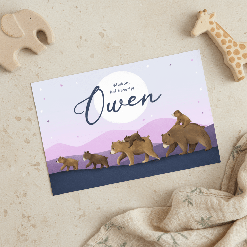 Geboortekaartje grote familie beren magisch landschap maan
