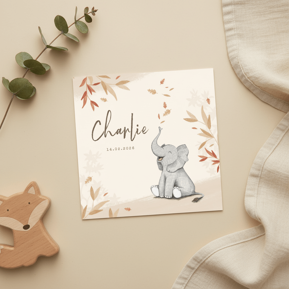 Geboortekaartje herfst olifant unisex blaadjes jongen meisje