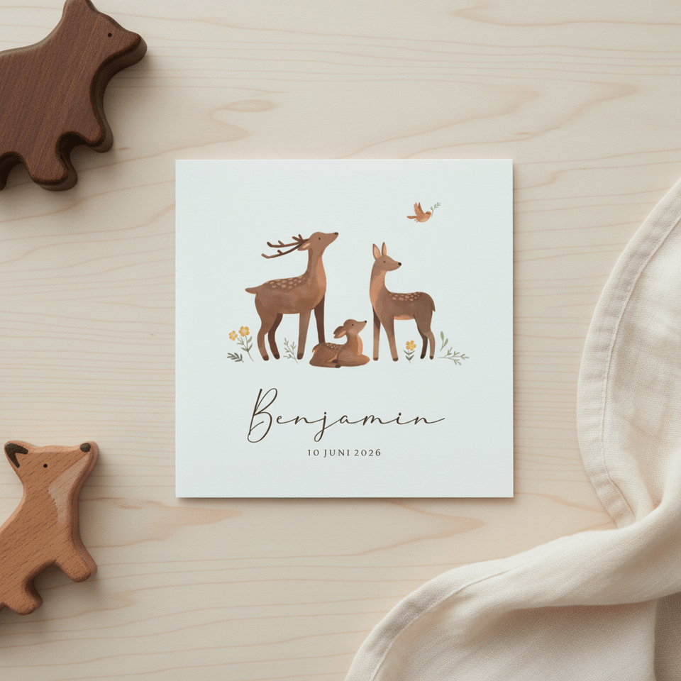 Geboortekaartje hertenfamilie bloemen vogel lief