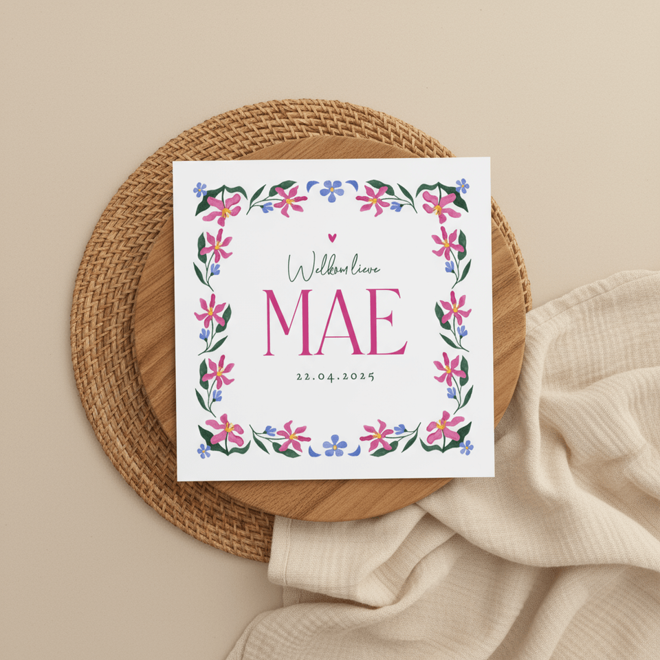 Geboortekaartje hip trend bloemen kader waterverf roze